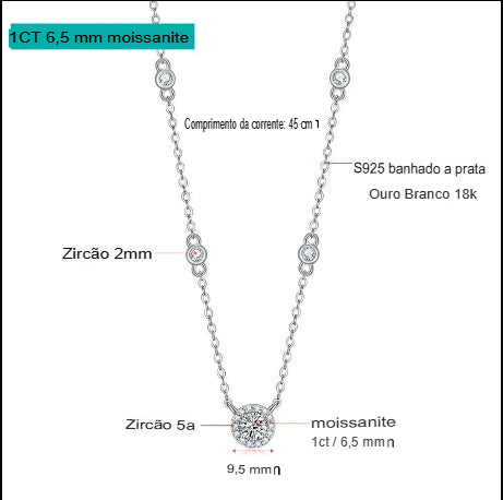 Colar Moissanite 1CT em Prata Esterlina S925